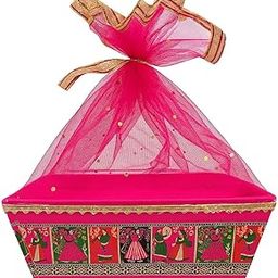 Scissors Crafts - Decorative Gift Basket with Traditional Dance Art & Net Cover | storage Hamper Basket | Cardboard Hamper Basket | (,8 * 8 * 3)| Two Ehinic Style (ethinic folk design, 5)-image-12
