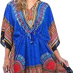African Print Dashiki Short Caftan Dress Beach Cover Up Kimono Style for Any Occasion I Free Size I Short Top for Women (Blue)-picture-39