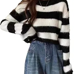 icw Women Striped Knitted Long Sleeve Crew Neck Regular Fit, Winter Wear,Soft Knit Pullover TOP T-Shirt DN59013-picture-0