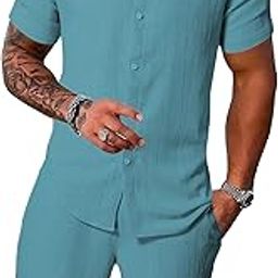 Men's 2-Piece Summer Outfit - Short-Sleeve Shirt and Matching Shorts (Shorts-Pair-2034)-image-97