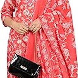 Women's Cotton Cambric Knee Length Round Neck Floral Printed Embroidered & Checkered Printed Regular Fitted 3/4Th Sleeve Kurta Pant With Dupatta-image-0