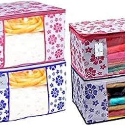 Heart Home Flower Design 2 Piece Non Woven Saree Cover And 2 Pieces Underbed Storage Bag, Storage Organiser, Blanket Cover, Pink & Blue - CTHH24218-25