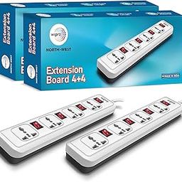 Wipro 4+4 Extension Board | 4 Universal Socket with 4 Switches | 2 Meter Long Cord | Child Safety | Auto Cutoff | Fire Resistant | Multiplug Socket for Home, Office | Pack of 2 | White-70