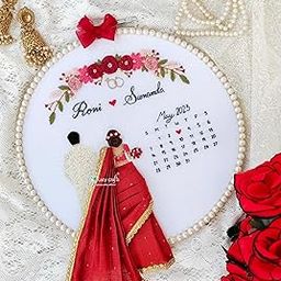Lazy Crafts Traditional Personalized Handmade Wedding Embroidery Hoop Art with Calendar and Saree | Unique Anniversary Gift, Engagement Gift for fiance, Wedding Gift | Embroidery Frame, Couple Gift (10 Inch)-24