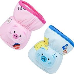 THE LITTLE LOOKERS Soft Plush Stretchable Baby Feeding Bottle Cover with Easy to Hold Strap | Cute Animated Overall Print Pack of 2 (Pink & Blue, Wide Neck 125ml/4oz) Cartoon Print May Very-17