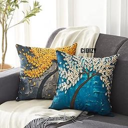 CIDIZY Jute Tree Printed Cushion Cover, 16x16 Inch, Set of 2, Yellow Blue-5