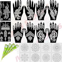 Ivana's Mehndi Tattoo Stencil Mehndi Design for Hands Set of 22 pc Combo Pack with Mehandi Cone 4 Pcs,8 Pcs Reusable Stencils for Women, Girls and Kids, Easy to Use in Just 4 Simple Steps- CPM-2019-17