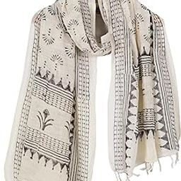 Women's Cotton Dupatta Handmade Block Print Floral Scarf Lightweight Wrap Chunni (White)-10