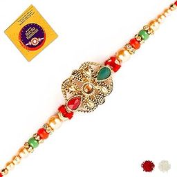 Red Blue Yellow Green Stone with Gold Attractive Rakhi for Brother with Roli Chawal and Rakshabandhan Greeting Card-40