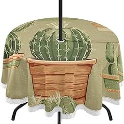 Wajiw 60 Inch Indoor Outdoor Round Tablecloth with Umbrella Hole and Zipper Waterproof Patio Table Cover for Camping Dining Room Party Outdoor Picnic,Cactus-image-92