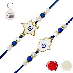 Blue Evil Eye Rakhi Protect From Negative Energy (Set of 2) with Roli Chawal, Greeting Card and and One Motivational Keychain (R1S1K)-32