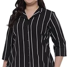 amydus Plus Size Black Vertical Stripe Cuban Collar Cotton Shirt for Women Sizes 2XL to 9XL | 3/4 Sleeve | High-Low Hem | Complete Hip Coverage Plus Size Tops for Women-picture-0