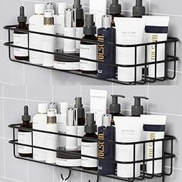 iSTAR GI Steel Self-Adhesive Multipurpose Bathroom Shelf with Hooks/Towel Holder/Bathroom Rack/Bathroom Accessories-Wall Mount - (Black,Powder Coated) (Pack of 2)-image-19