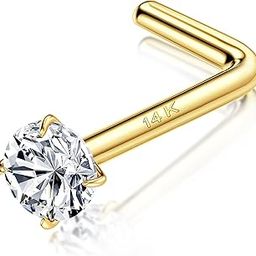 14K Real Gold Nose Rings Studs 20G 18G 14K Solid Gold L Shaped Nose Rings 1.5mm 2mm 3mm Clear Simulated Diamond CZ Nose Studs Hypoallergenic Nose Piercing Jewelry for Women Men-image-17