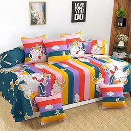 REDROME Diwan Set for Living Room, Diwan Set Covers Glace Cotton, Diwan Cover 8 Pieces (1 Single Bedsheet, 5 Cushion Covers, 2 Bolster Covers) Unicorn Cartoon-32