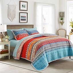 Tititada 2 Pieces Colorful Bohemian Quilt Set Twin Size, Boho Striped Blue n Red Printed Bedding Bedspread Coverlet Set for Summer, Soft Lightweight Microfiber Quilt with 1 Sham (68x86 inces)-image-2
