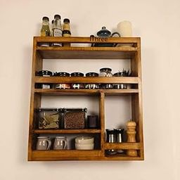 IThree Rustic Wooden Wall-Mounted Spice Rack, Kitchen Storage Organizer with 5 Shelves, Coffee and Condiment Display Stand-picture-11