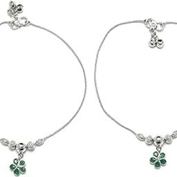 Set Of 2 Rhodium-Plated American Diamond Studded Floral Charm Anklets For Girls and Women-1