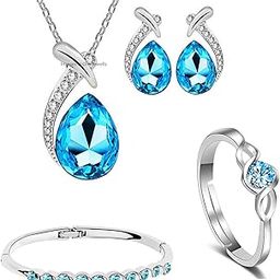 Valentine Gift Rhodium Plated Blue Crystal Jewellery Combo Of Designer Drop Pendant Set With Adjustable Bangle Kada And Adjustable Solitaire Finger Ring For Girls And Women Co1000209-image-42