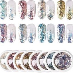INOG Nail Art Gradient Glitter Magic Color Changing Laser Thin Sequins Mixed Mirror Hexagon Shape Mermaid Flakes Spangles Palette Craft Glitters Holographic Manicure D.I.Y (8 PCS)-43
