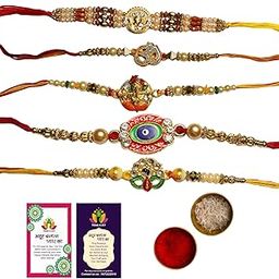TREND N ART Rakhi Set of 5 for Brother | Ganesh, Om, Evil Eye & Designer Rakhi Combo with Beads & Stones | Tilak Set(Roli Cahwal) & Greeting Cards – Traditional Rakshabandhan Gift Pack-image-22
