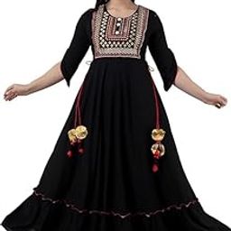 Women's 3/4 Sleeves Round Neck Embroidered Rayon Blend Long Anarkali Gown Dress-image-9