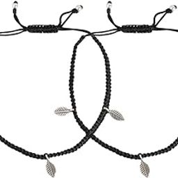 925 Sterling Silver Leaves Beaded Rhodium Plated Adjustable Black Thread Anklets (Pair) | Gift for Women and Girls | With Certificate of Authenticity and 925 Hallmark-2