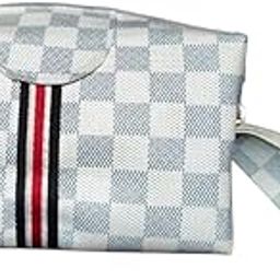 Karni Cosmos Luxury Checkered Cosmetic Bag, White and Grey Pattern, Travel Makeup Organiser with Zipper and Stripe Detail (1, Grey)-image-43