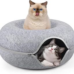 GBEX Cat Tunnel Bed Peekaboo Cat Cave for Multiple Cats & Large Cats, Scratch Resistant & Washable & Detachable Round Felt Cat Donut Tunnel for Cats up to 20" x 20" x 8", Light Grey-15