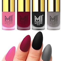 MI FASHION Velvet Matte Nail Polish Set Lacquer And Highly Pigmented Intsense Color 9.9mlBaby Pink, Mauve, Black, Grey (Pack Of-4)-75