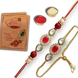 Unisex-Adult Bhaiya Bhabhi Lumba Rakhis Set With Roli Chawal Pack And Greeting Card (Red Bracelet Set)-image-99