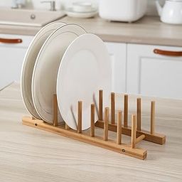 HOKIPO Bamboo Wooden Plate Stand Rack for Kitchen Cabinets Dish Stand Dinner Plate Holder, 8 Slots, 36x12x2 cm (AR-4771)-image-7