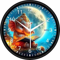 Decorative Wall Clock with Krishna Design, Round Shape, Black Frame, Lotus and Peacock Motif (Ganesh JI)-image-61