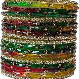 Traditional Glass and Metal Kundan and stone work Bangles Set for Women & Girls – Designer Green & Gold Stone Bangles for Wedding, Party & Festival Wear-image-1
