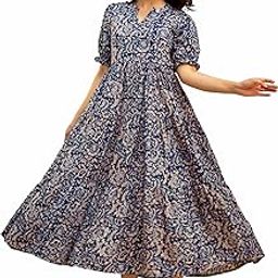 Women's Fit and Flare Pure Cotton Long Maxi Dress (SP-11 Blue05)-image-94