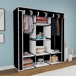 GTC Collapsible Wardrobe Closet for Clothes Almira, 2 Hanging Space, 8 Shelves Non-Woven Fabric (88230) Black-31