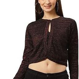 Women Black & Red Shimmered Crop Button Shrug-32