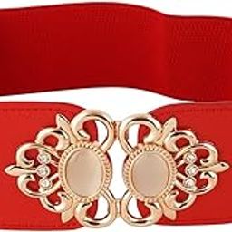 Women's Elastic Waist Belt with Gold Ornate Buckle, Red, Crystal Rhinestone Accent-55
