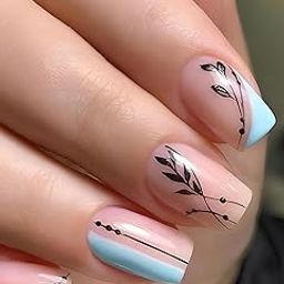 Secret Lives Acrylic Fake False Reusable Artifical Press On Nails Black Leaves Design With Pink & Black Color With Glue Sheet-79