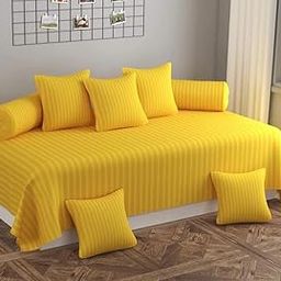 Jyotaksh 230 TC Satin Stripe Diwan Set for Living Room, Guest Room Glace Cotton, Set of 8 Pieces (Size (60x90) Inch 1 Single Bedsheet, 5 Cushion Covers, 2 Bolster Covers) Yellow-image-58