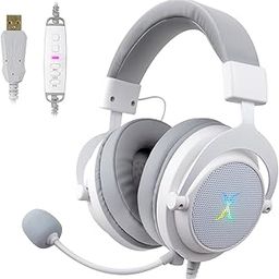 FOXXRAY HAU-37 USB Gaming Headset for PC, Computer Headphones with Microphone, 7.1 Surround Sound, 50MM Dynamic Drivers, RGB Light, Wired Headphones for PS4, PS5, Laptop - White-32