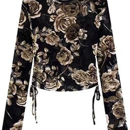 Women Long Sleeves Crew Neck Side Drawstring Transparent Sheer Mesh Crop Top T-Shirt DN41-picture-0