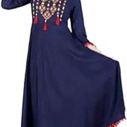 Women's Navy Blue Anarkali Kurti with Embroidered Yoke, Red Tassels and Pom-Pom Trim, 3/4 Sleeves-image-94