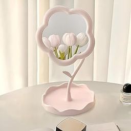 PANVRI Flower Shaped Makeup Mirror Rotatable Makeup Mirror with Tray Table Vanity Mirror Cute Flower Shaped Mirror for Tabletop Bedroom Bathroom Living Room (Multicolour)-image-81