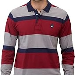 Men Regular Fit Stripe Pattern Pure Cotton Full Sleeve Polo Neck Casual T-Shirt-image-0