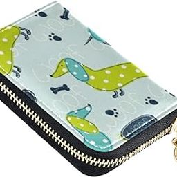 Green Cartoon Dachshund Dog RFID Credit Card Wallet, Microfiber Leather Zipper Card Case Holder for Women-image-78