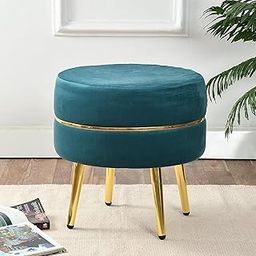 CROWN ART SHOPPEE Metallic Living Room Stool with Four Golden Legs, Ottoman Seating Pouffes, Room Décor Puffy Stools, and Footstools.Turqoise-image-97