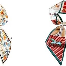Women’s Silk Scarf Combo – Floral & Horse Printed Long Narrow Satin Scarves for Suits, Blazers, Shirts, Bags, Hair, Gift, Neckerchief, 59" for Fashion & DIY Styling-image-21