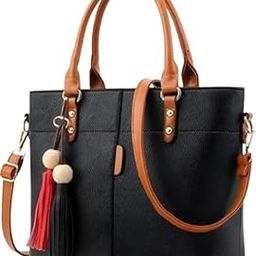 Ms. Zonedua Traders Women's Leather Tote Handbag, Black with Tan Trim, Decorative Tassels, Shoulder Strap-image-5