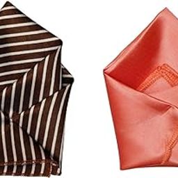 Set of 2 Satin Pocket Squares – Brown Striped & Peach Plain – Men’s Suit Handkerchief Combo-16